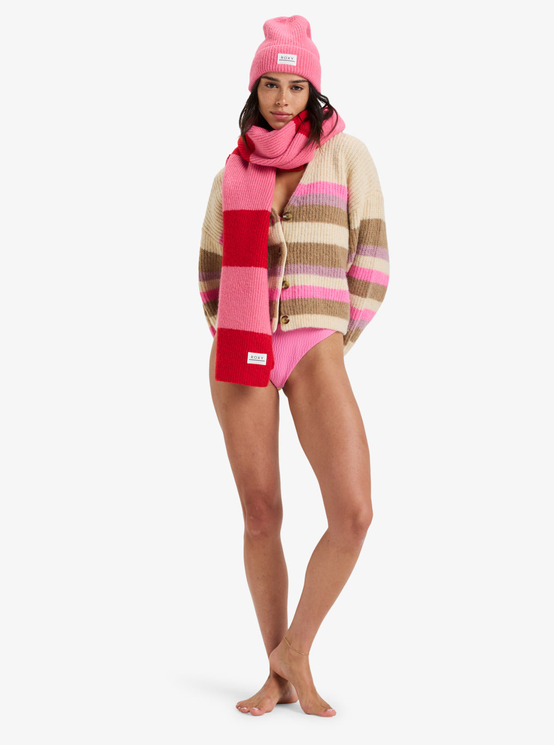 Roxy Womens Marble Tiles Stripe Slouchy Cardigan - Parchment