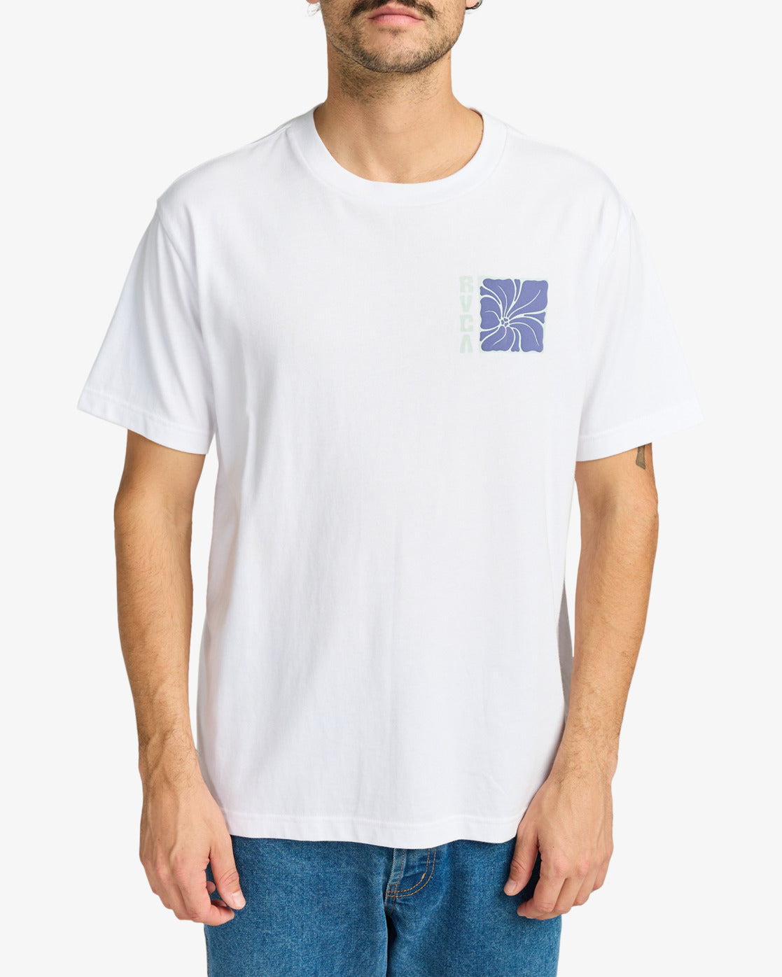 RVCA Mens Hibiscus Stamp T-Shirt - White - ManGo Surfing